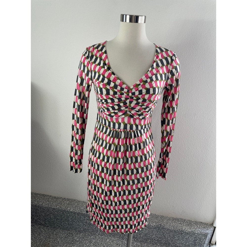 Boden Womens 4R Pink Green Geometric Circle Print V‎ Neck Ruched Jersey Dress